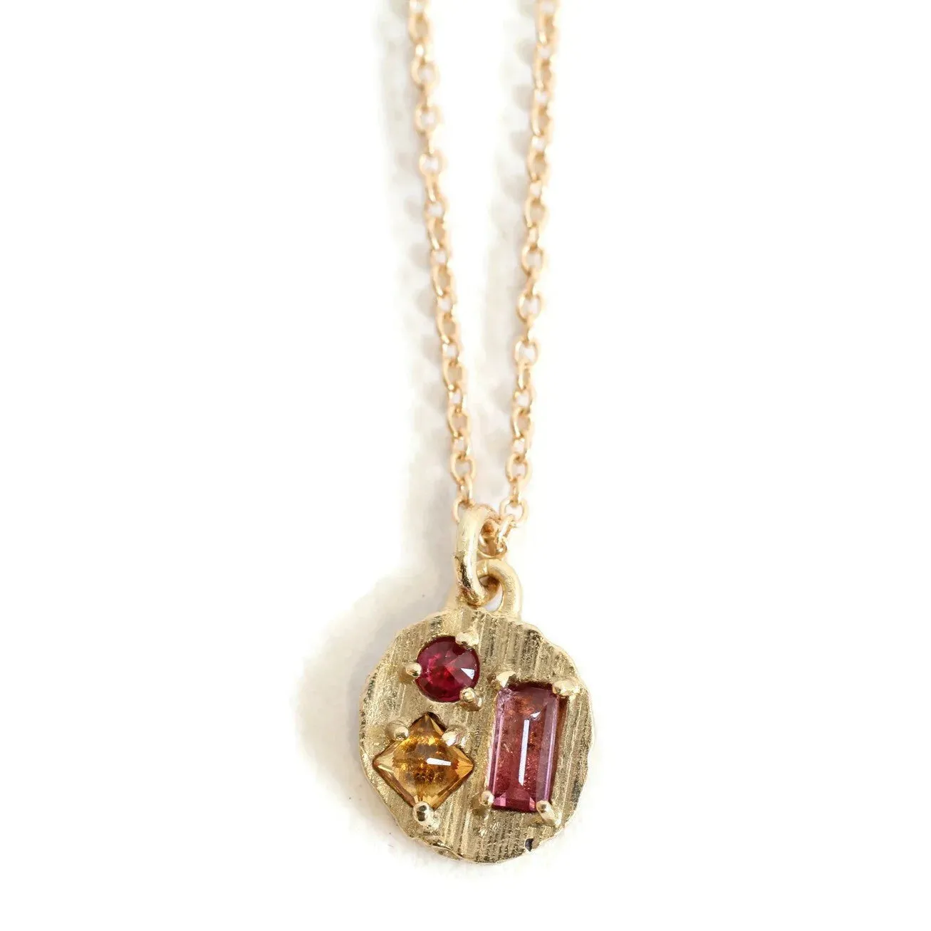 small round collage necklace - orange sapphire   pink tourmaline   ruby