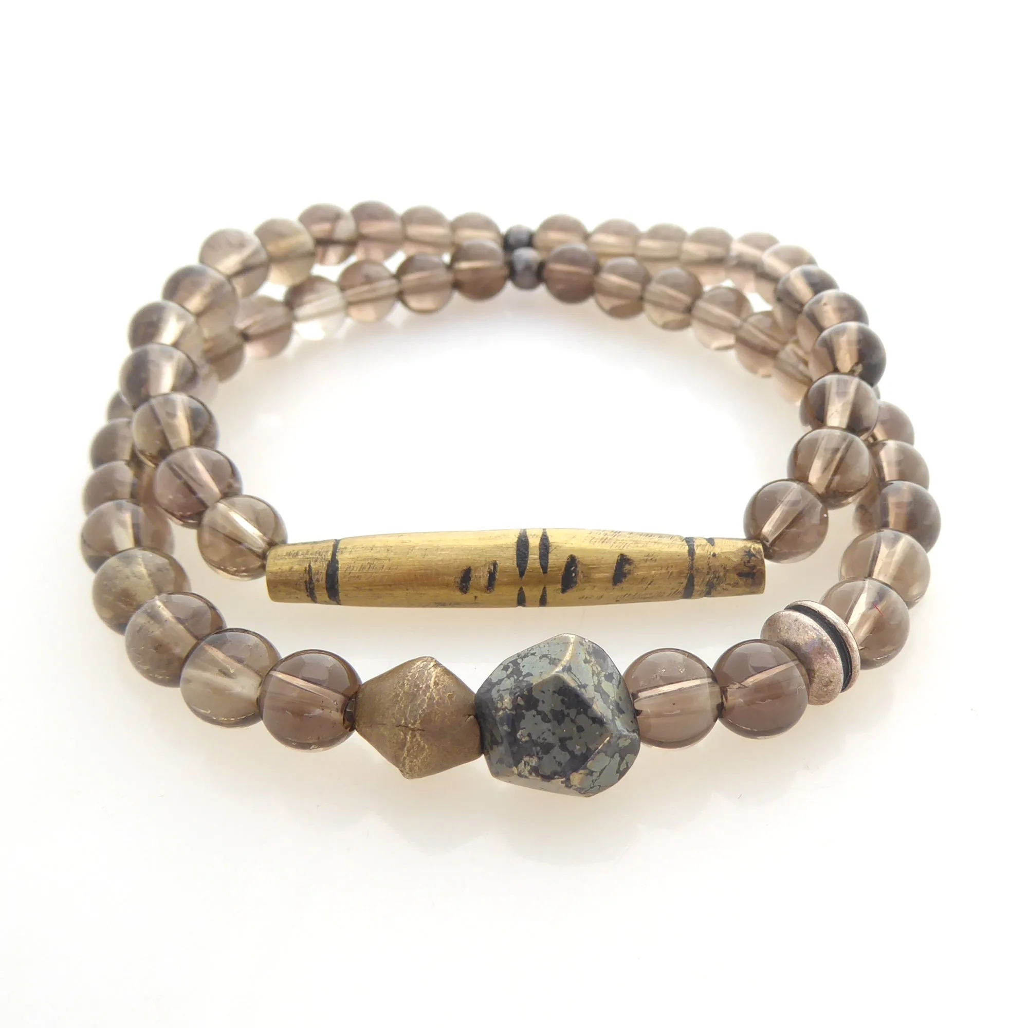 Smoky quartz and pyrite bracelet set