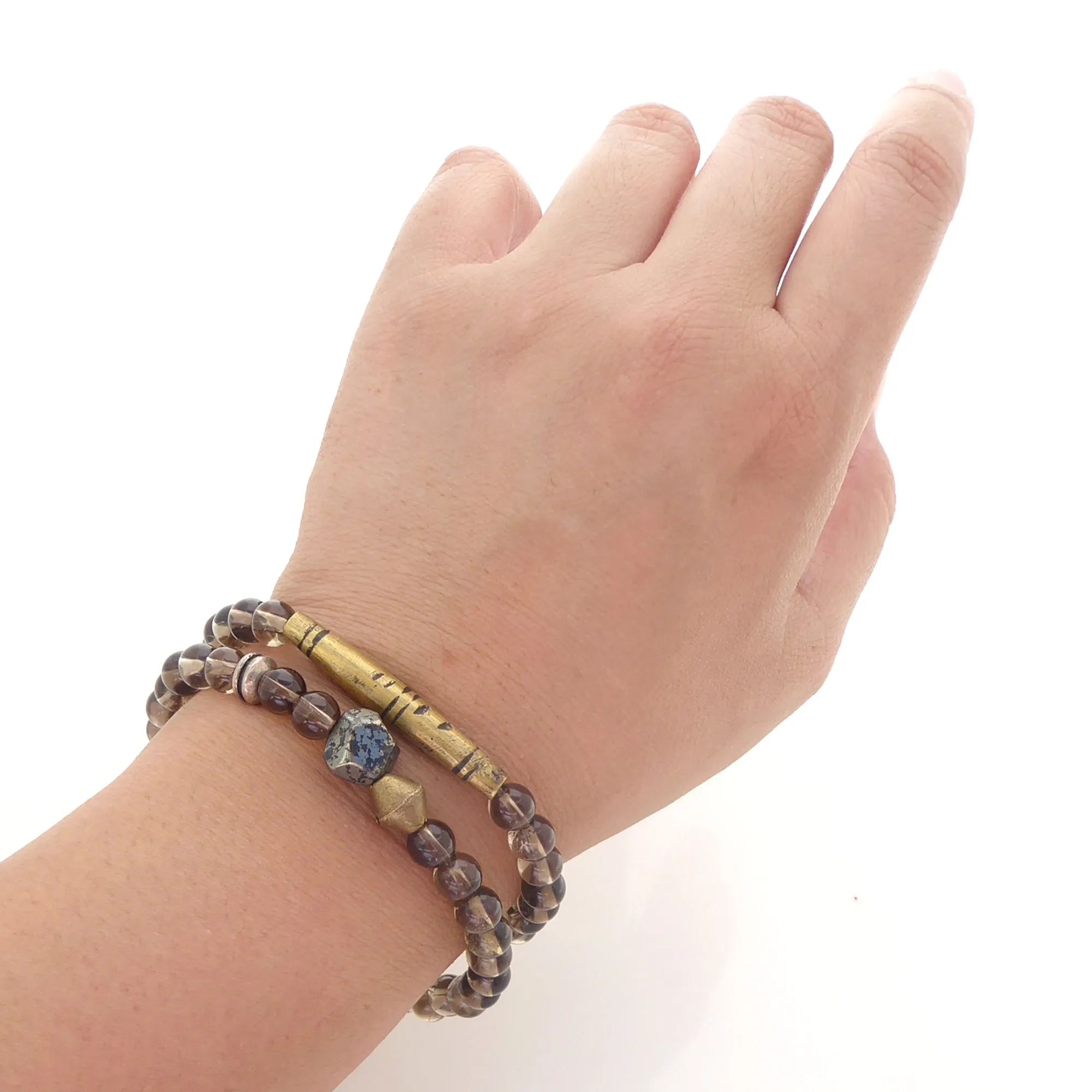 Smoky quartz and pyrite bracelet set