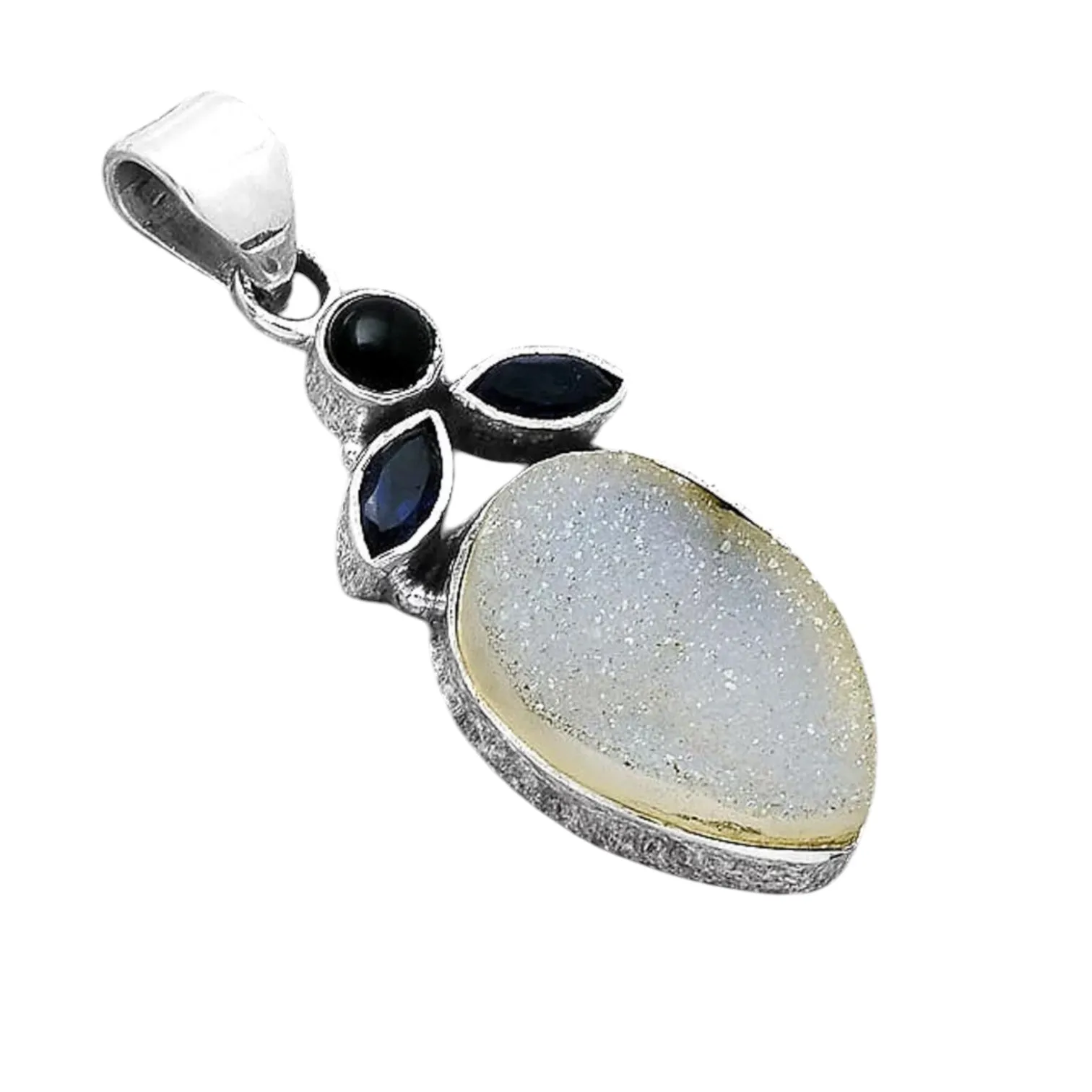 Snow Druzy Iolite & Onyx Solid 925 Sterling Silver Pendant