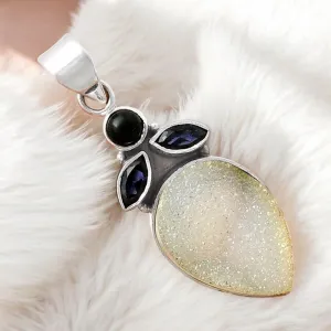 Snow Druzy Iolite & Onyx Solid 925 Sterling Silver Pendant