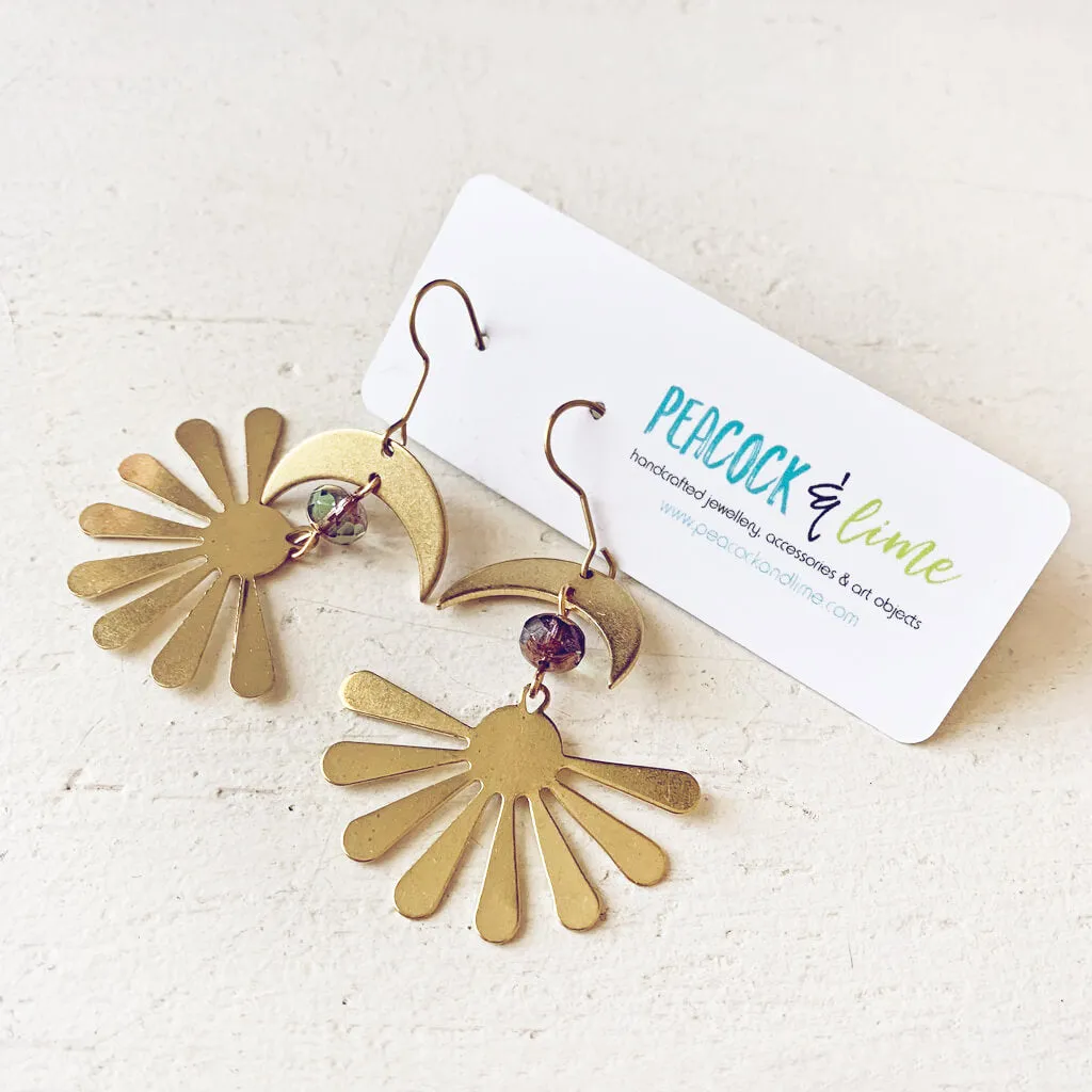 solstice // boho brass sun and crescent moon earrings