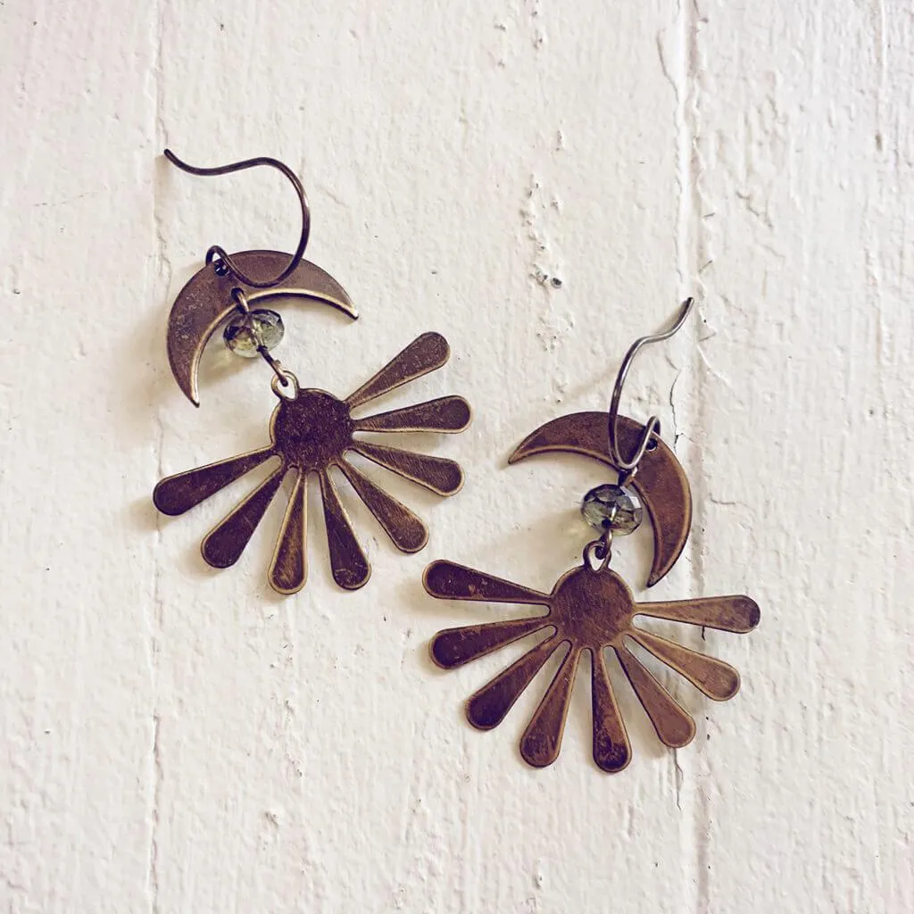 solstice // boho brass sun and crescent moon earrings
