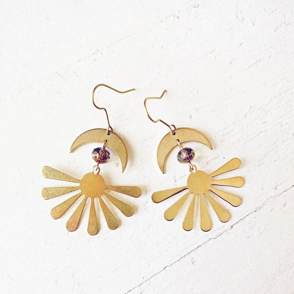 solstice // boho brass sun and crescent moon earrings