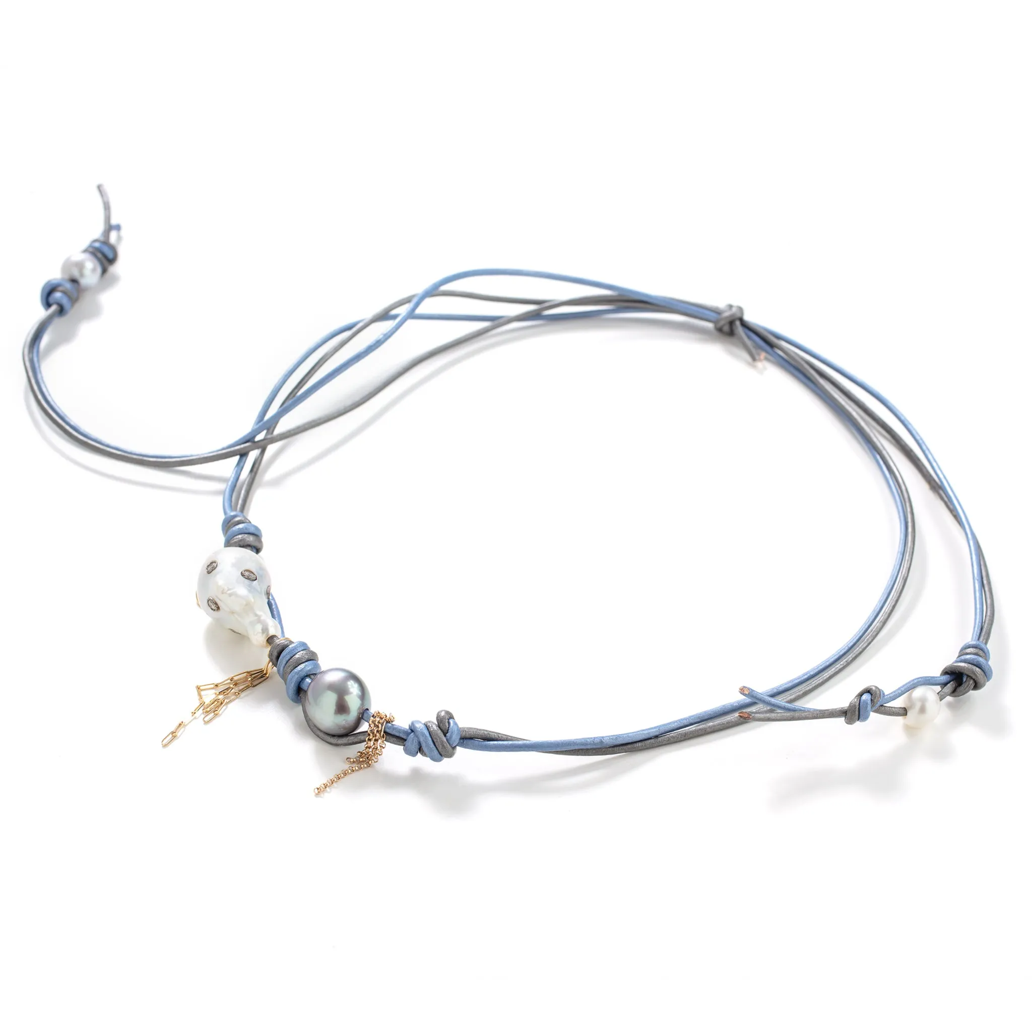 Sparkling Night Sky Diamond Pearl Gold Moon Chain Leather Necklace