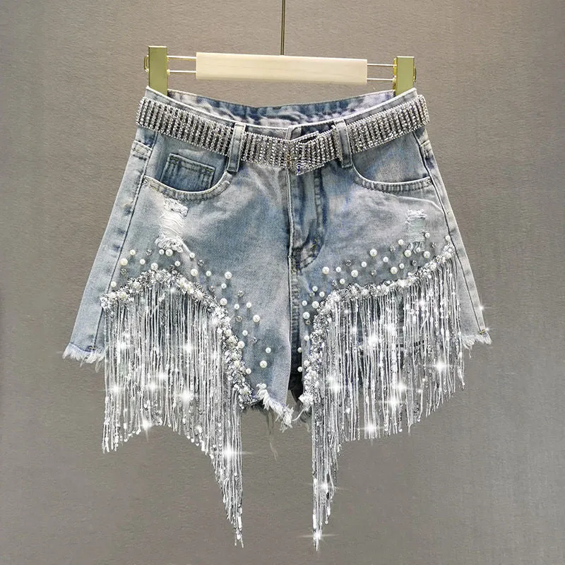 Sparkling Tassel Beaded Denim Shorts