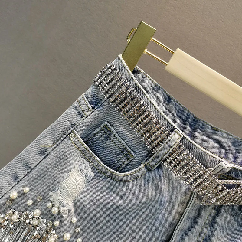 Sparkling Tassel Beaded Denim Shorts