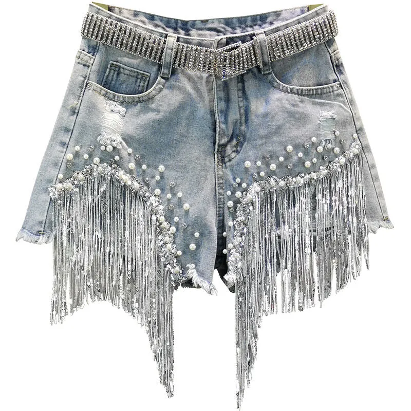Sparkling Tassel Beaded Denim Shorts