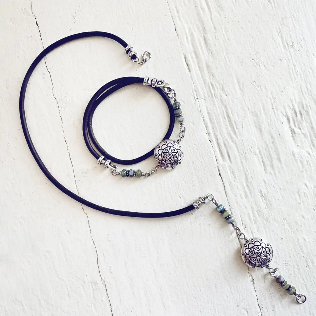star mandala // silver plated puffed coin & glass bead leather wrap bracelet