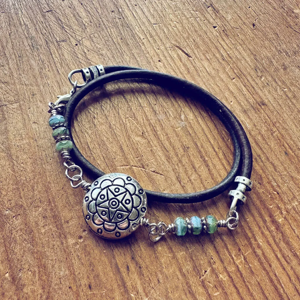 star mandala // silver plated puffed coin & glass bead leather wrap bracelet