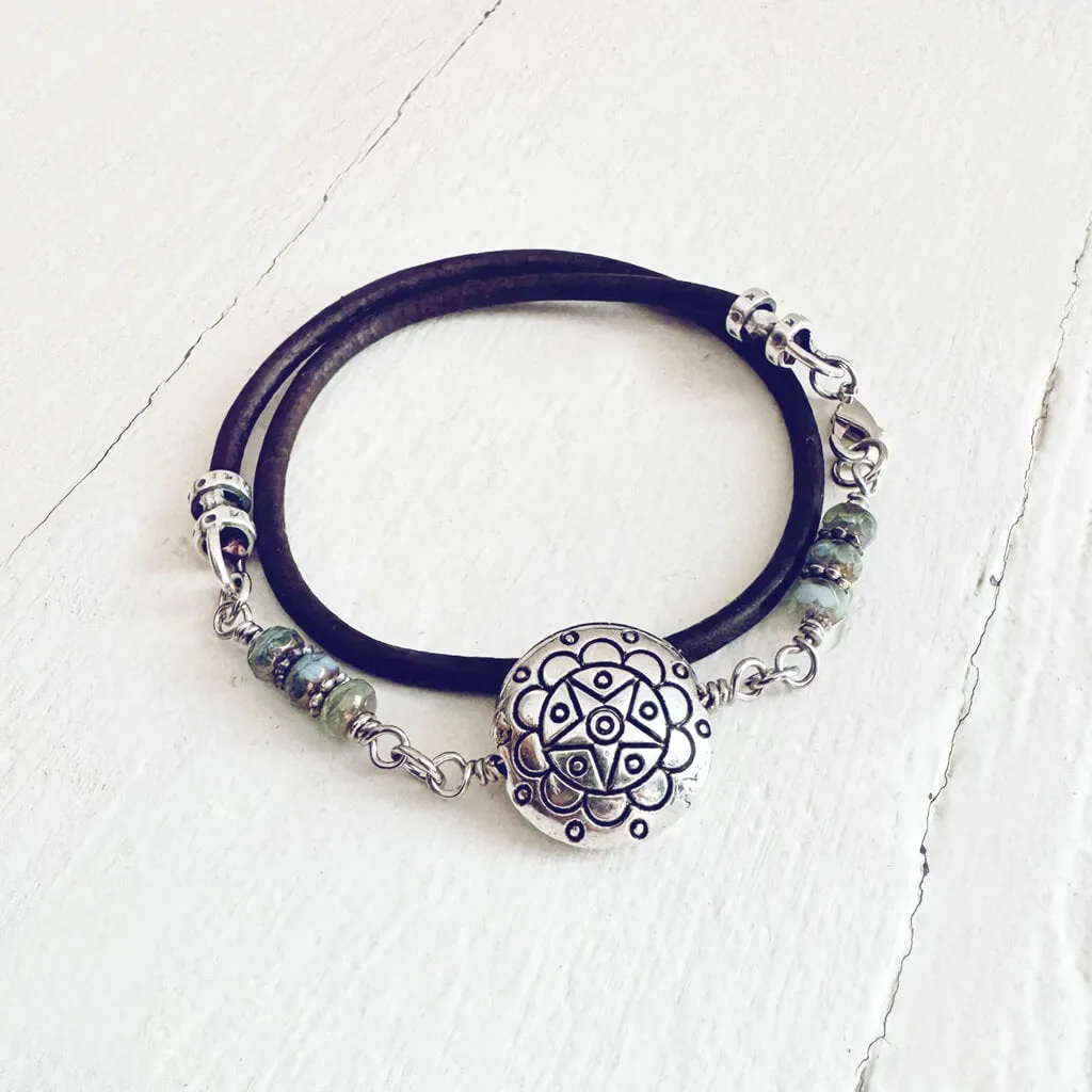 star mandala // silver plated puffed coin & glass bead leather wrap bracelet