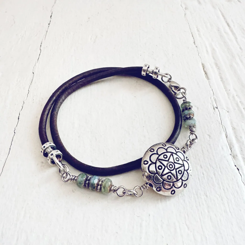 star mandala // silver plated puffed coin & glass bead leather wrap bracelet