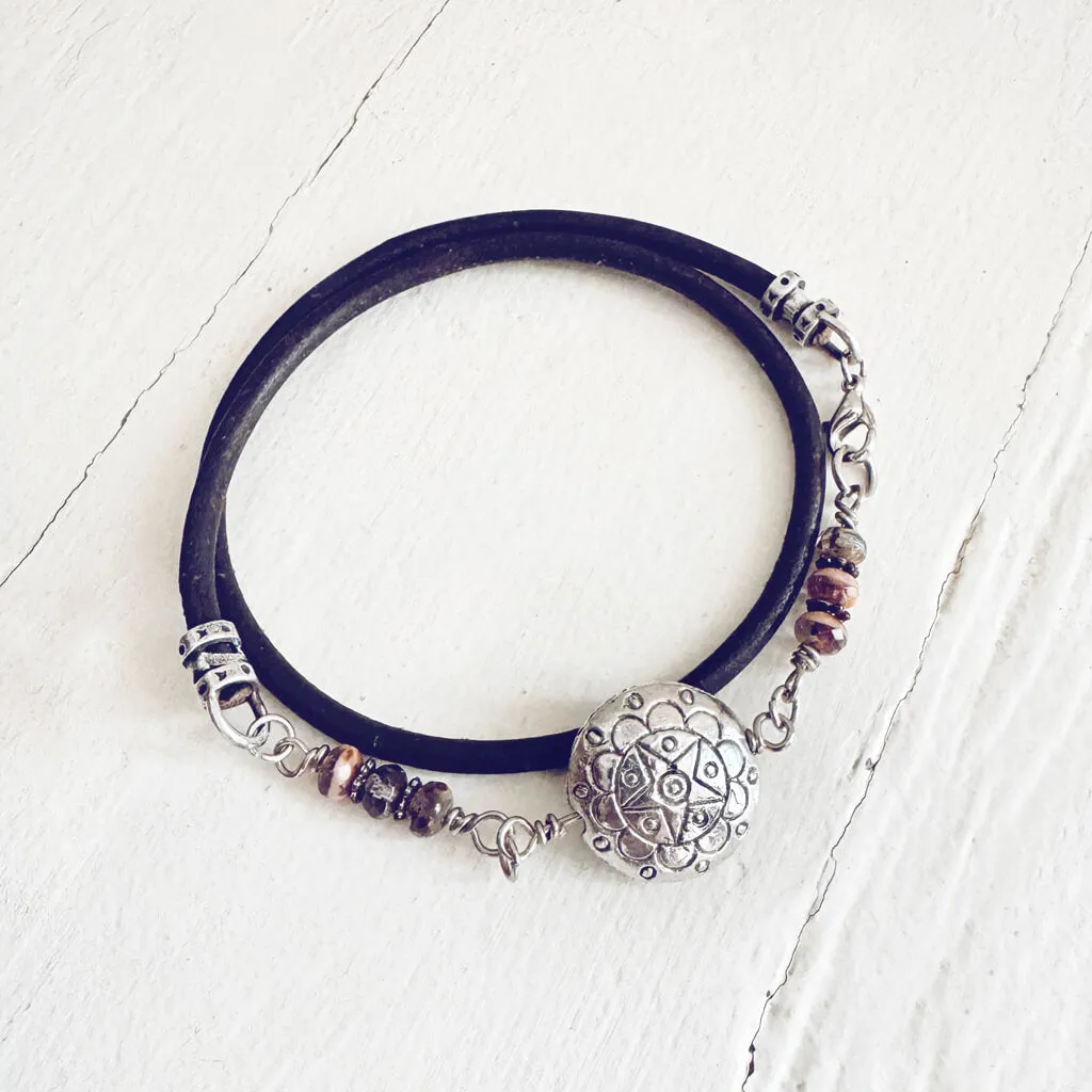 star mandala // silver plated puffed coin & glass bead leather wrap bracelet