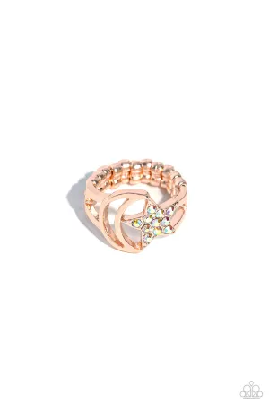 Stargazing Style - Rose Gold - Iridescent Rhinestone Star and Moon Paparazzi Ring