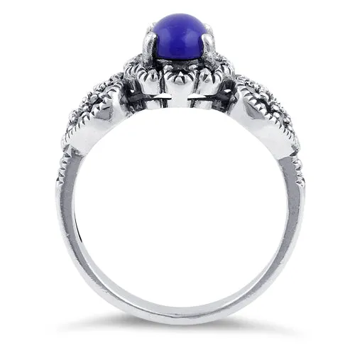 Sterling Silver Blue Lapis Flower Hearts Marcasite Ring