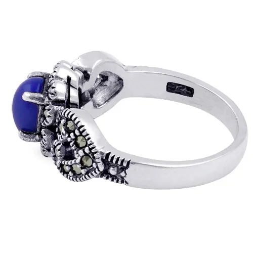 Sterling Silver Blue Lapis Flower Hearts Marcasite Ring