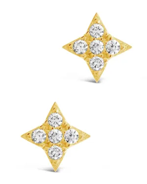 Sterling Silver Four Pointed CZ Star Stud Earrings