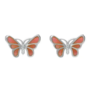 Sterling Silver White Sapphire Red Enamel Style & Fashion Butterfly Stud Earrings