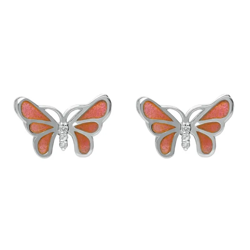 Sterling Silver White Sapphire Red Enamel Style & Fashion Butterfly Stud Earrings