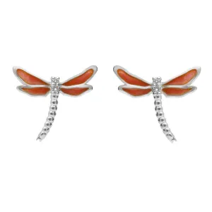 Sterling Silver White Sapphire Red Enamel Style & Fashion Dragonfly Stud Earrings