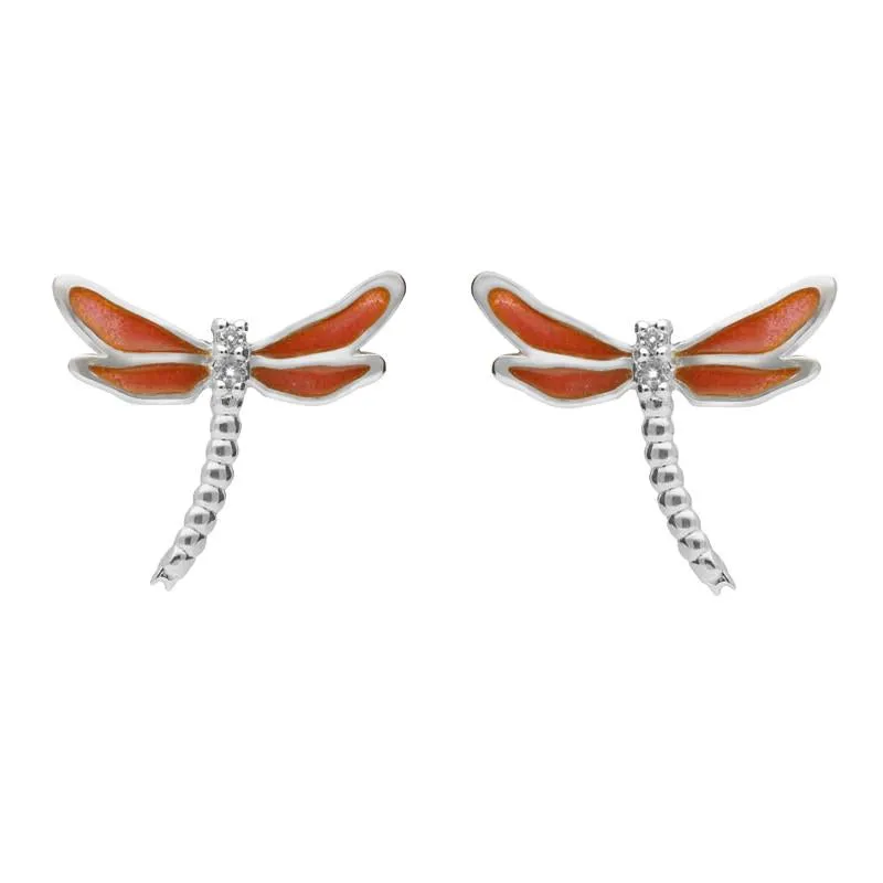 Sterling Silver White Sapphire Red Enamel Style & Fashion Dragonfly Stud Earrings