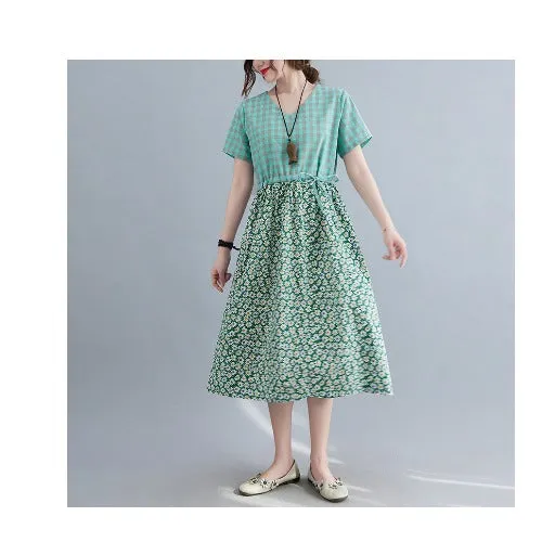 Summer New Artistic Loose Stitching Cotton And Linen Printed Short-sleeved Dress For Women