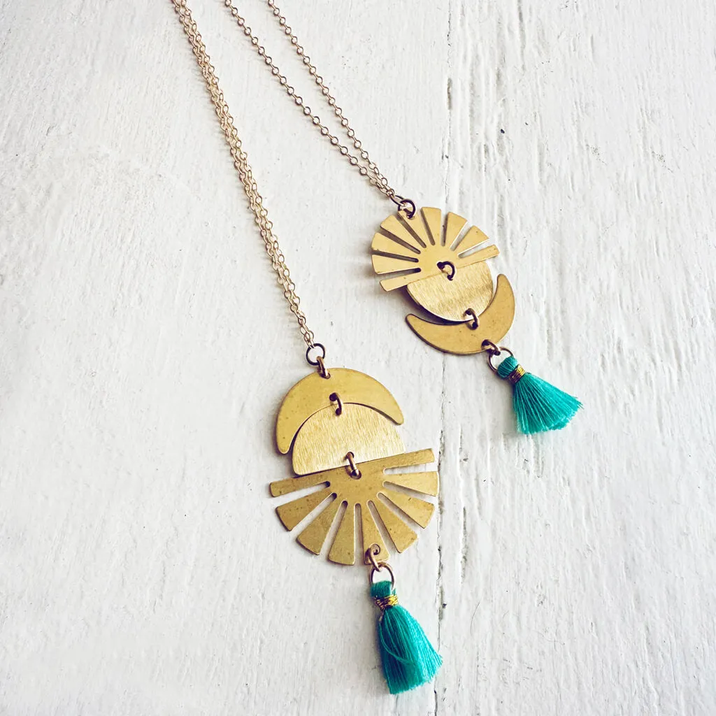 sun up sun down // crescent moon, sun rays & tassel drop necklace
