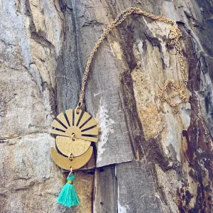 sun up sun down // crescent moon, sun rays & tassel drop necklace