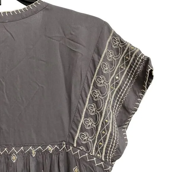Sundance Aura Embroidered Bohemian Tunic Midi Dress Size S Grey Sequins Boho