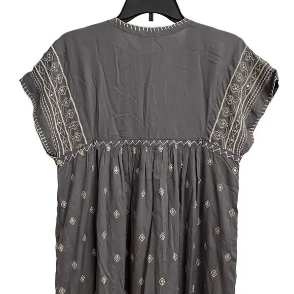 Sundance Aura Embroidered Bohemian Tunic Midi Dress Size S Grey Sequins Boho