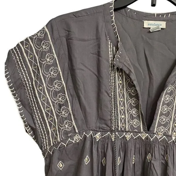 Sundance Aura Embroidered Bohemian Tunic Midi Dress Size S Grey Sequins Boho