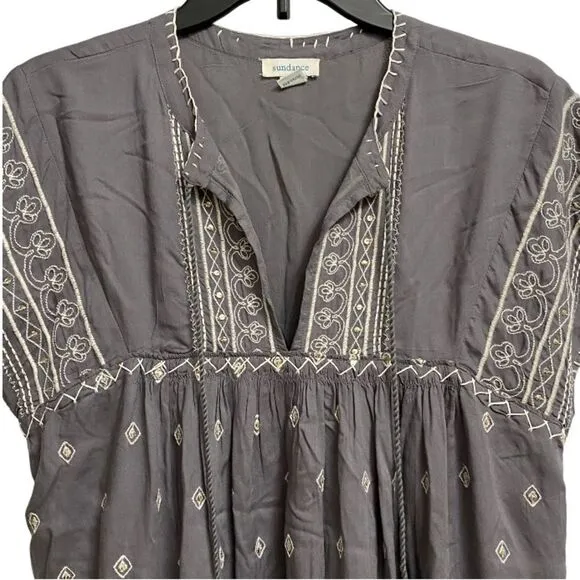 Sundance Aura Embroidered Bohemian Tunic Midi Dress Size S Grey Sequins Boho