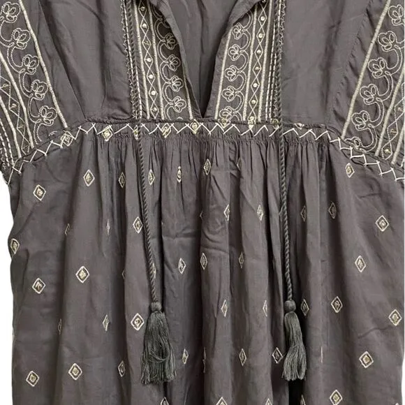 Sundance Aura Embroidered Bohemian Tunic Midi Dress Size S Grey Sequins Boho