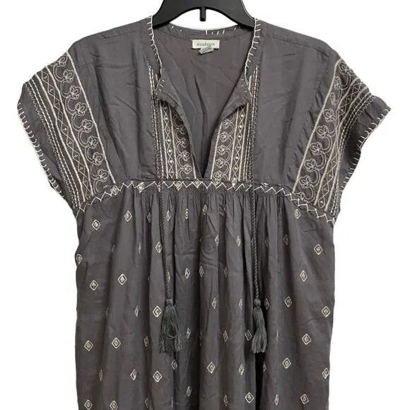 Sundance Aura Embroidered Bohemian Tunic Midi Dress Size S Grey Sequins Boho