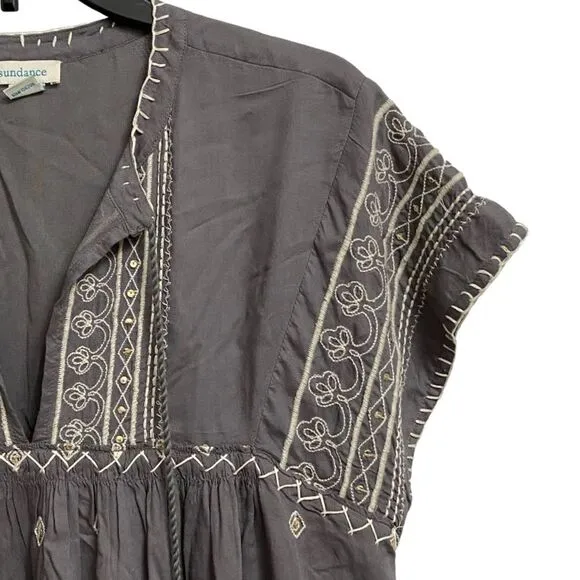 Sundance Aura Embroidered Bohemian Tunic Midi Dress Size S Grey Sequins Boho