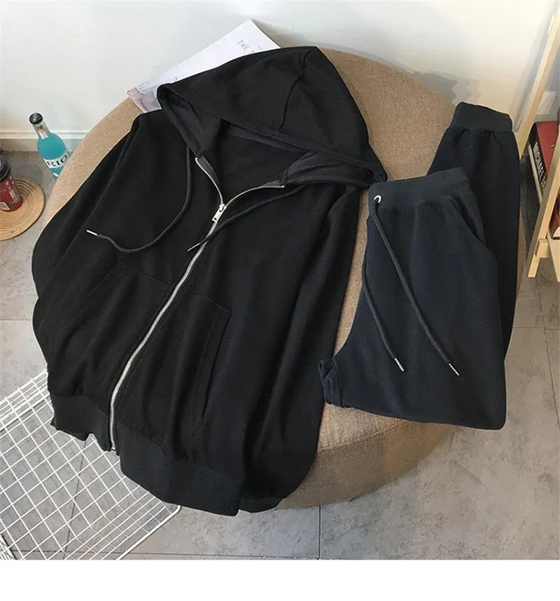 Sweater Zipper Hooded Sweatshirt Two-piece Set Loose