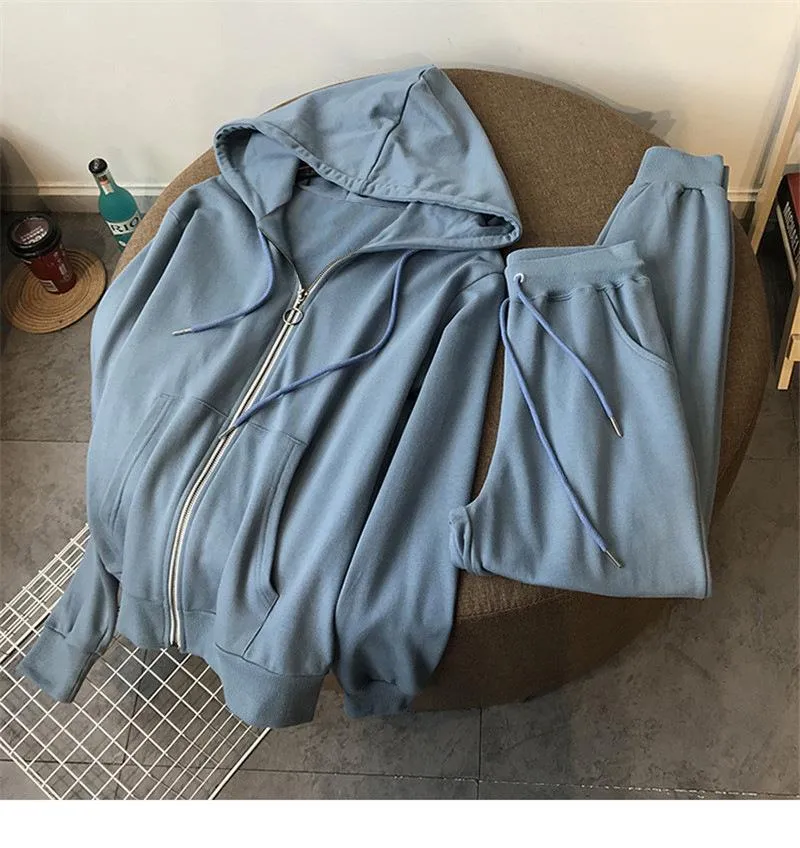 Sweater Zipper Hooded Sweatshirt Two-piece Set Loose