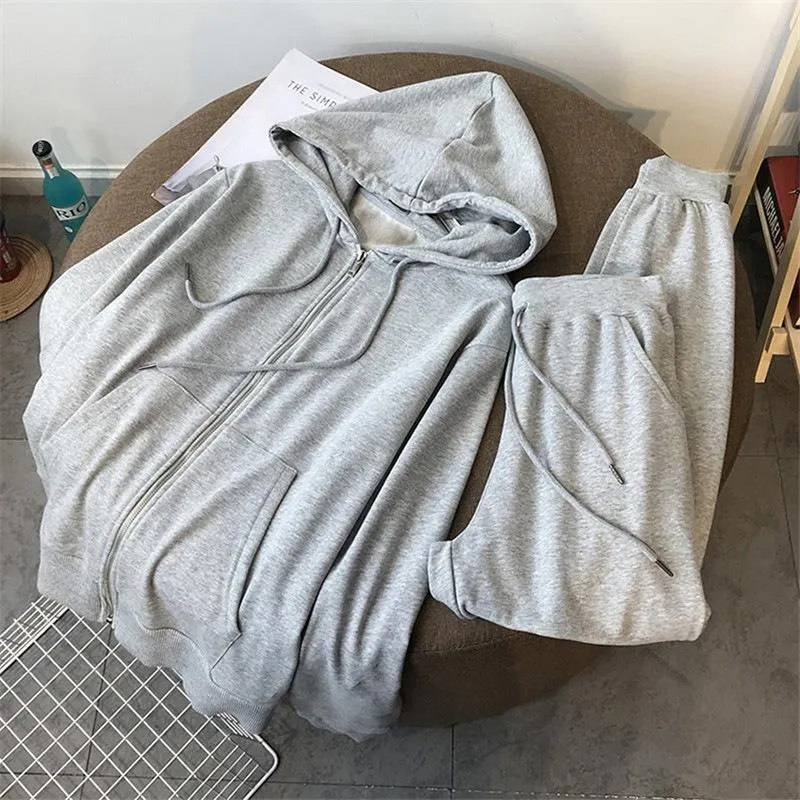 Sweater Zipper Hooded Sweatshirt Two-piece Set Loose