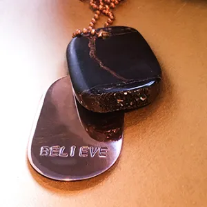 Talisman Iridescent Shamanite (Black Calcite) with Druzy and Copper "BELIEVE" Goddess Tag Necklace