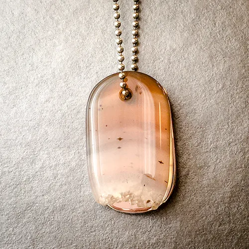 Talisman of Agate with Quartz Crystal and Silver "COSMIC" Stamped Goddess Tag Necklace