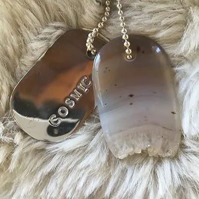 Talisman of Agate with Quartz Crystal and Silver "COSMIC" Stamped Goddess Tag Necklace