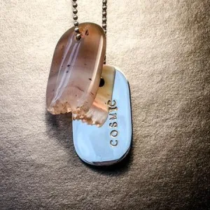 Talisman of Agate with Quartz Crystal and Silver "COSMIC" Stamped Goddess Tag Necklace