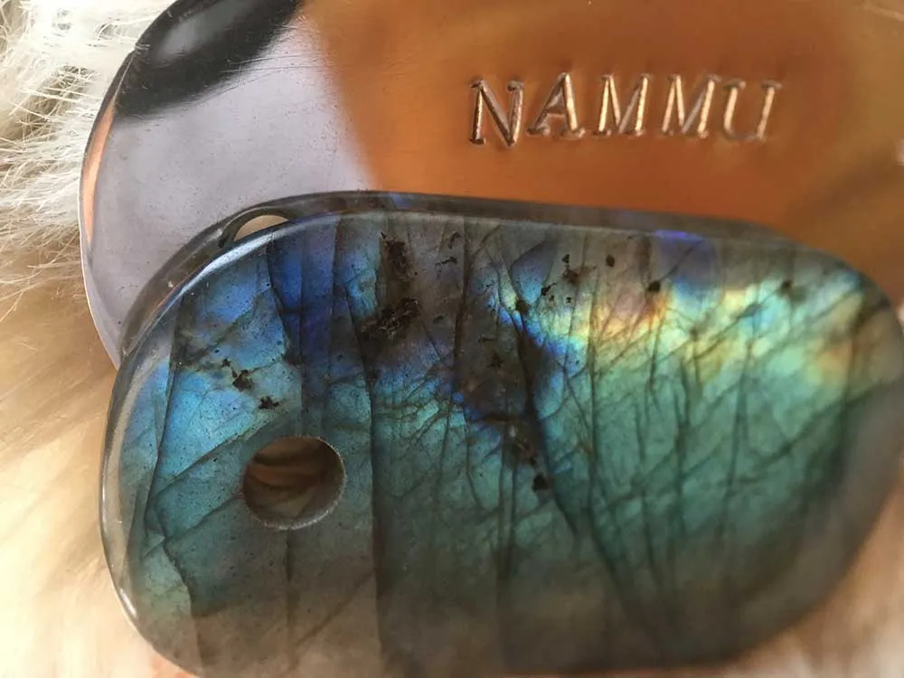 Talisman of Labradorite and Silver "NAMMU" Stamped Goddess Tag Necklace