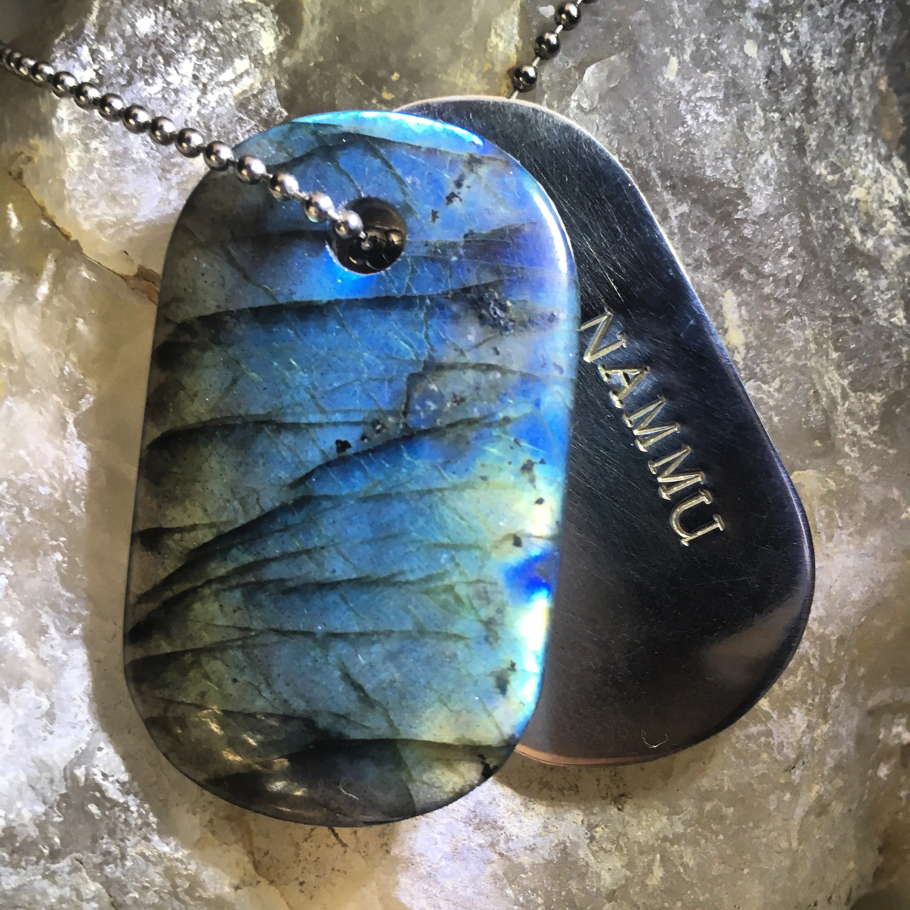 Talisman of Labradorite and Silver "NAMMU" Stamped Goddess Tag Necklace