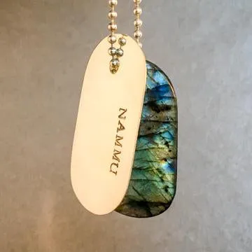 Talisman of Labradorite and Silver "NAMMU" Stamped Goddess Tag Necklace