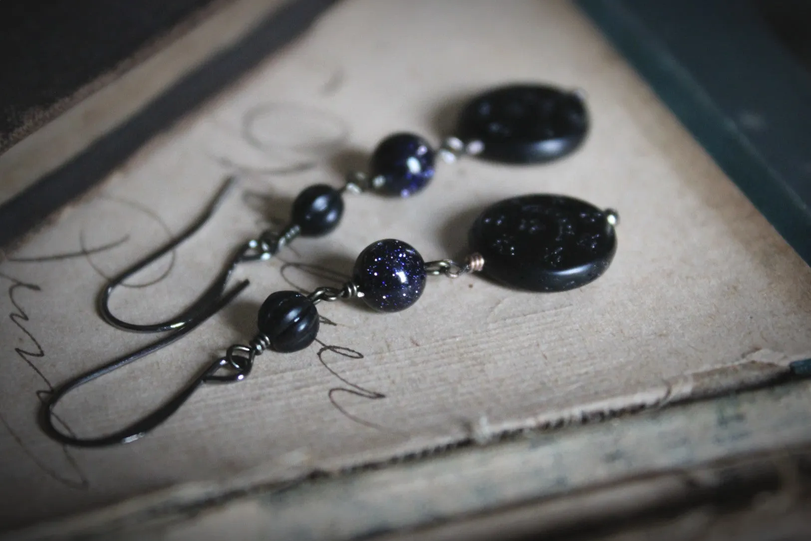 The Night Sky Collection | Dark of the Night. Blue Goldstone & Vintage Acrylic Earrings.