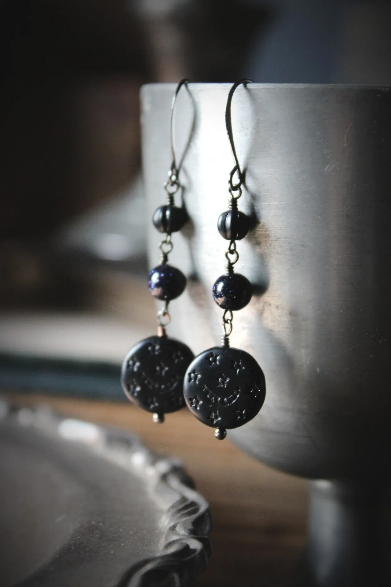 The Night Sky Collection | Dark of the Night. Blue Goldstone & Vintage Acrylic Earrings.