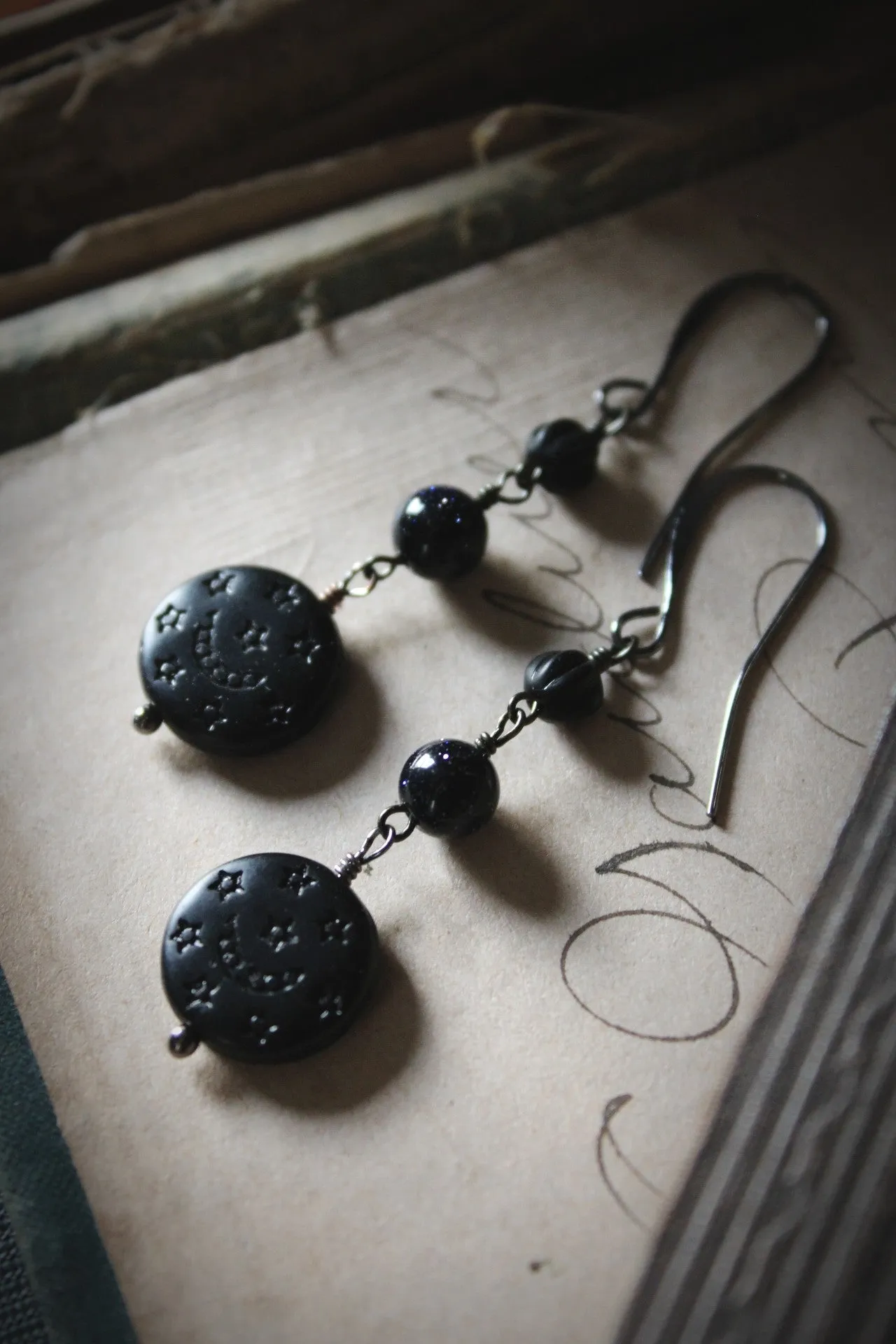 The Night Sky Collection | Dark of the Night. Blue Goldstone & Vintage Acrylic Earrings.
