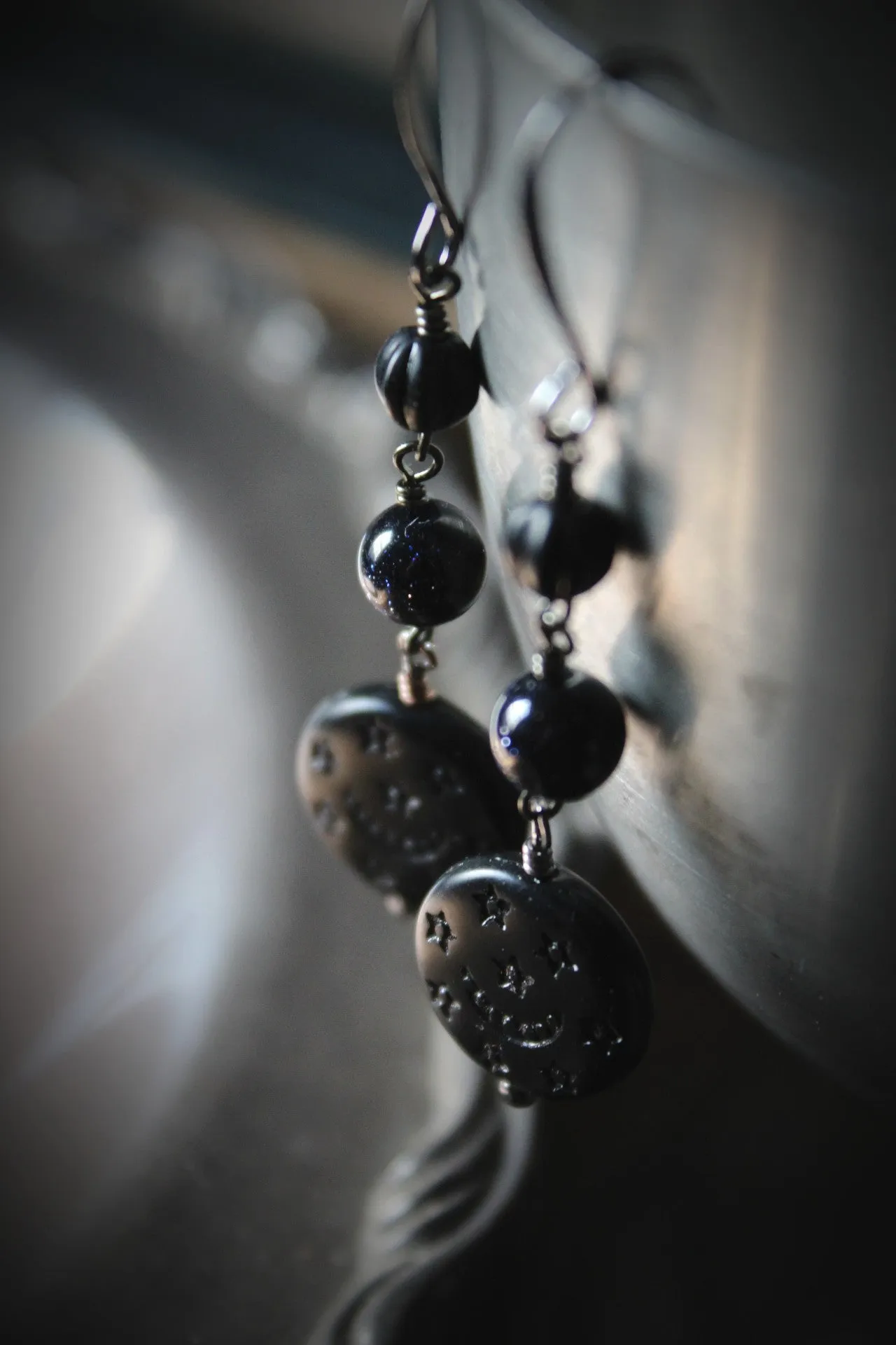 The Night Sky Collection | Dark of the Night. Blue Goldstone & Vintage Acrylic Earrings.