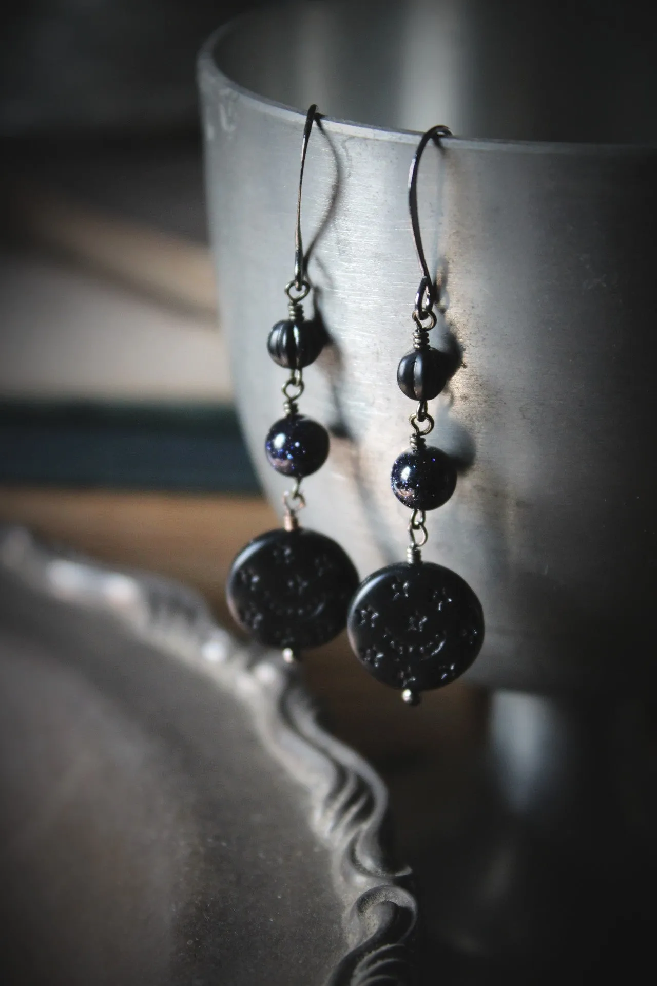 The Night Sky Collection | Dark of the Night. Blue Goldstone & Vintage Acrylic Earrings.